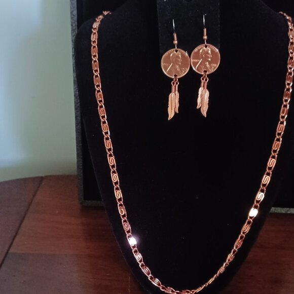 Solid Copper 24" Necklace with Copper Penny Earrings - Picture 1 of 7